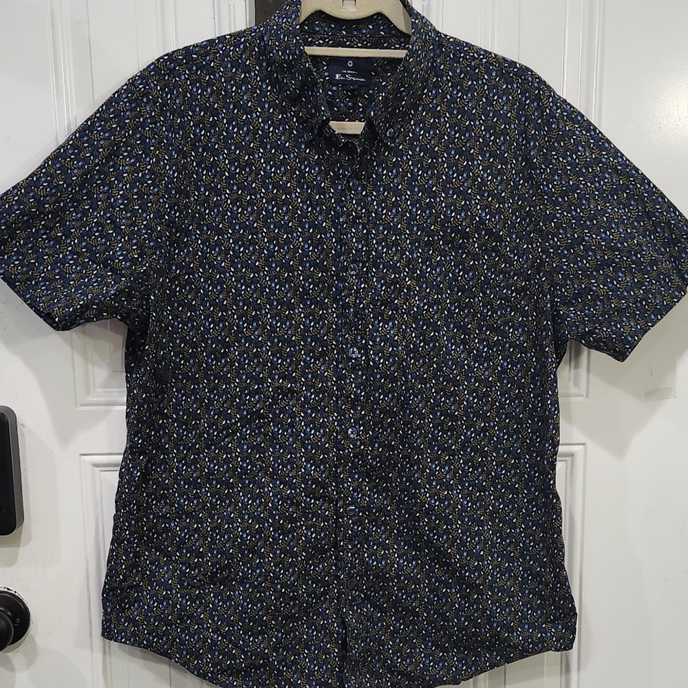 Ben Sherman Blue And Brown Leaf Foliage Print Casual Button Down Shirt Men's Lrg
